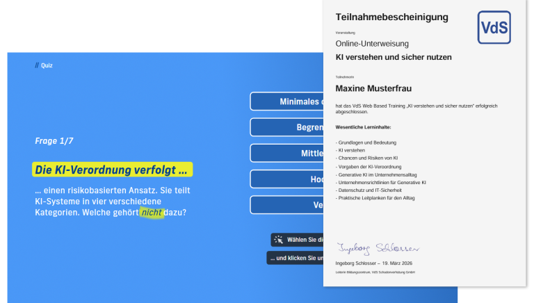 Avatarin erklärt in der Unterweisung rechtliche Rahmenbedingungen zur Arbeitssicherheit in Deutschland. 